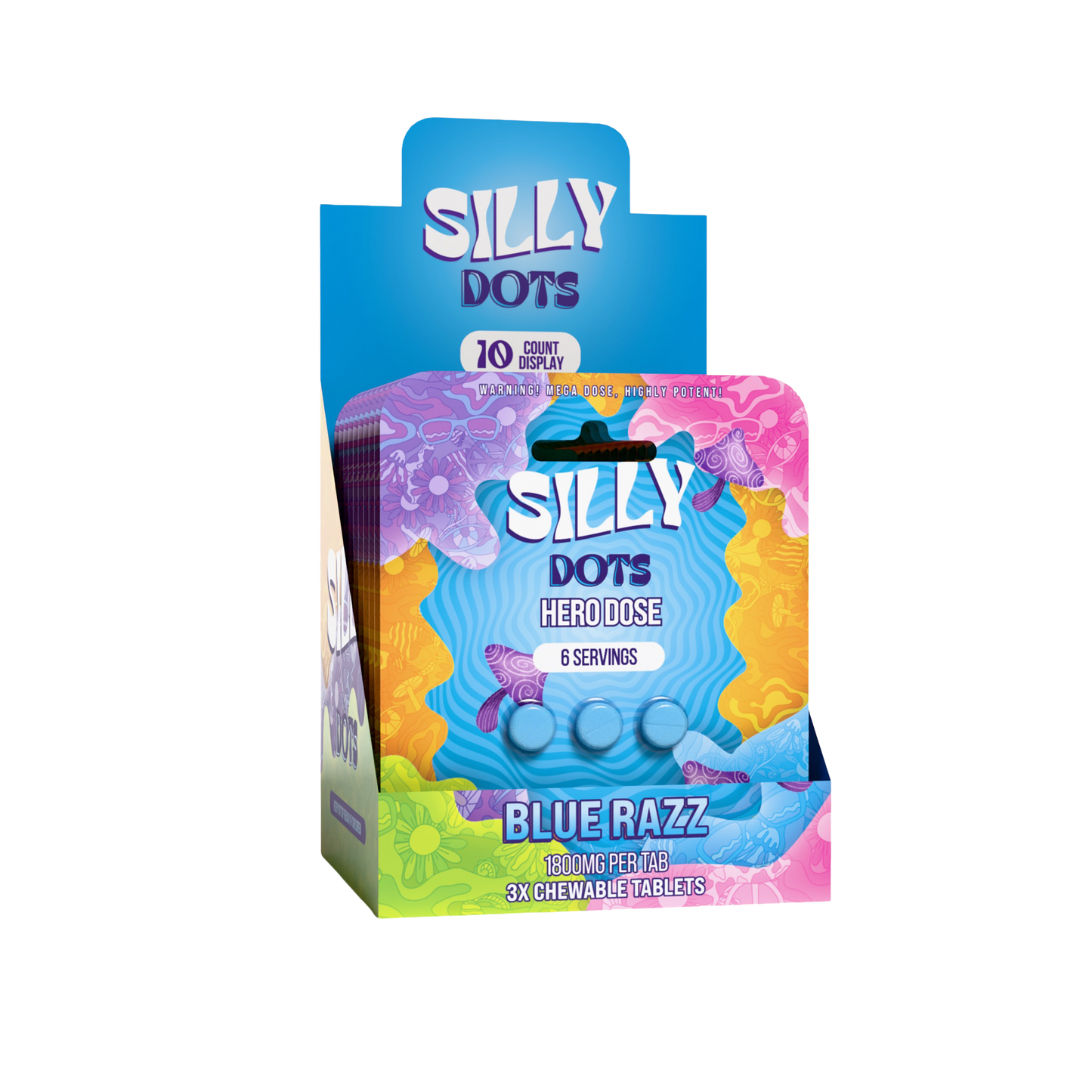 Party Pack | Silly Dots Hero Dose 1800mg Tabs | 3 Tabs | Blue Razz | 10 Count Display