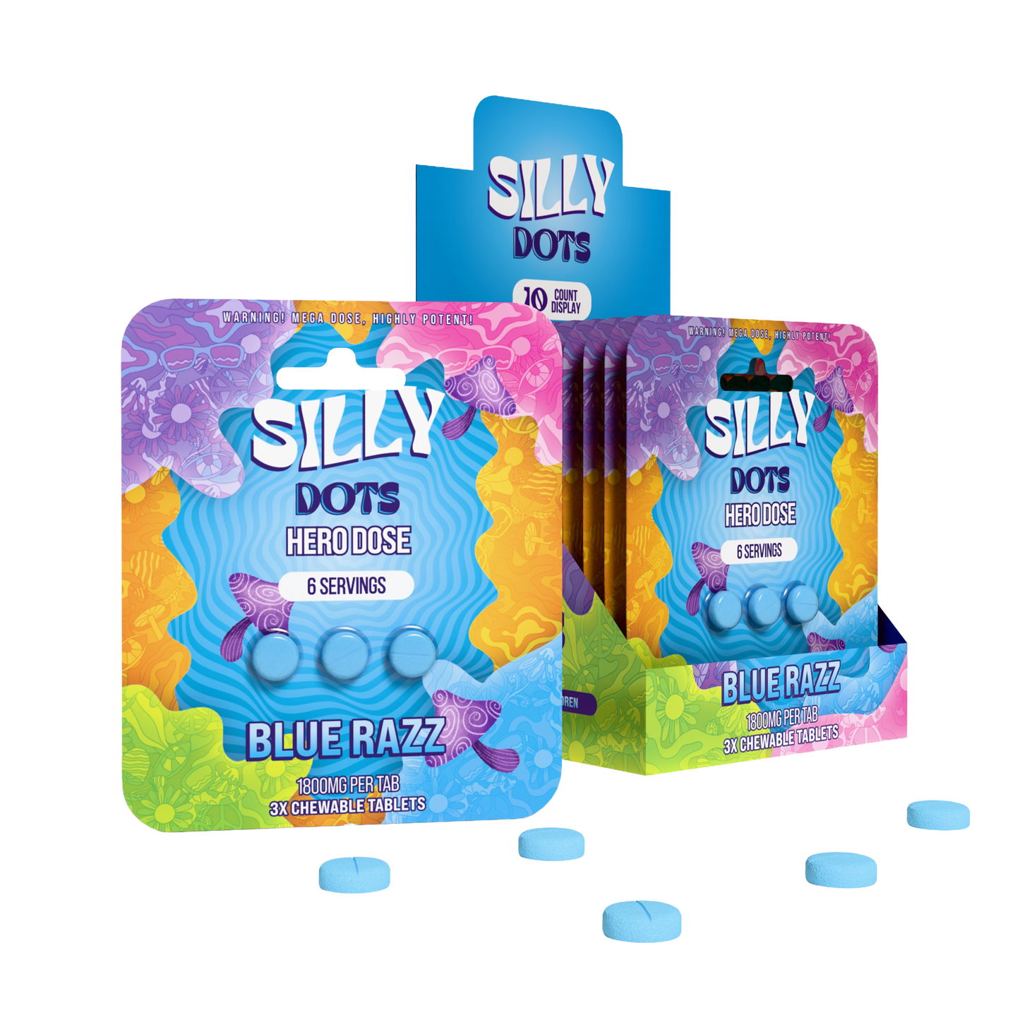 Party Pack | Silly Dots Hero Dose 1800mg Tabs | 3 Tabs | Blue Razz | 10 Count Display